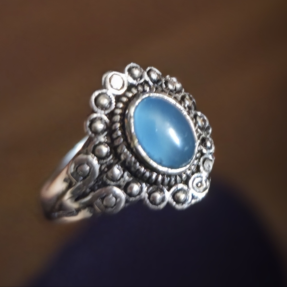 NWOT Gorgeous Handmade Blue Chalcedony Oxidized Silver Women's Ring Size 8